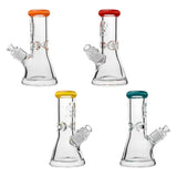 CaliBear 8 inch mini beaker bong made of thick 9mm borosilicate glass, featuring colorful mouthpieces in orange, red, yellow, and teal blue with an etched logo.