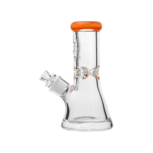 CaliBear 8 inch mini beaker bong made of thick 9mm borosilicate glass, featuring colorful mouthpieces in orange, red, yellow, and teal blue with an etched logo.
