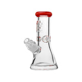 CaliBear 8 inch mini beaker bong made of thick 9mm borosilicate glass, featuring colorful mouthpieces in orange, red, yellow, and teal blue with an etched logo.