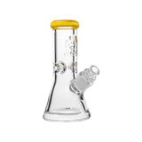 CaliBear 8 inch mini beaker bong made of thick 9mm borosilicate glass, featuring colorful mouthpieces in orange, red, yellow, and teal blue with an etched logo.