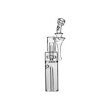 Calibear Dual-Perc RBR Recycler Glass Attachment (Clear) for Dr. Dabber Switch 2, angled glass top view showcasing the curved mouthpiece and dual-chamber filtration structure