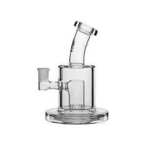 Calibear Thick Dab Rig (Clear) with Slitted Can Perc, bent-neck mouthpiece and wide glass base, front angled view