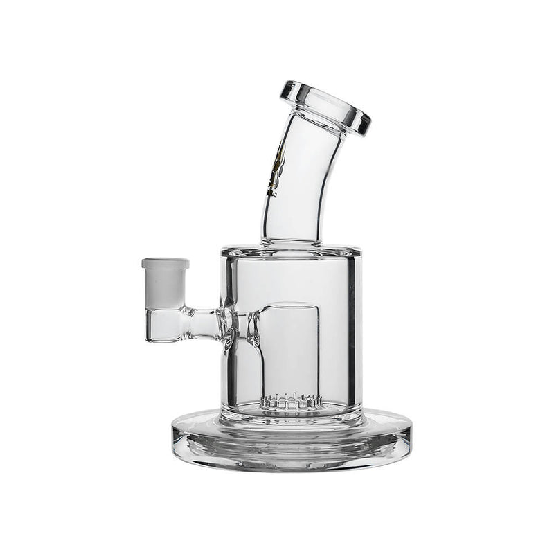 Calibear Thick Dab Rig (Clear) with Slitted Can Perc, bent-neck mouthpiece and wide glass base, front angled view