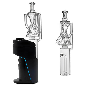 Calibear Tricycler clear glass attachment shown installed on and beside a Dr. Dabber Switch Go device