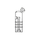 Calibear Triple Splash Guard Glass Bubbler (Clear) for Dr. Dabber Switch Go, angled product view highlighting the side airflow opening and lower percolator