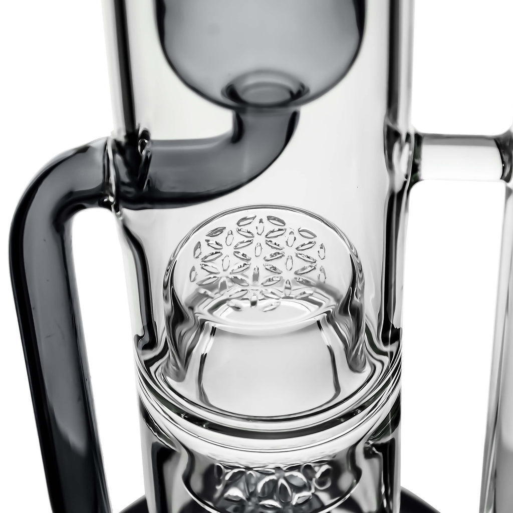 Calibear 14 inch Flower Klein Bong with scientific recycler design, smoke-grey translucent glass accents, and sturdy round base.