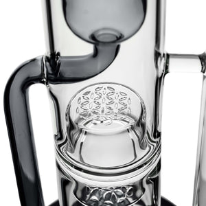 Calibear 14 inch Flower Klein Bong with scientific recycler design, smoke-grey translucent glass accents, and sturdy round base.