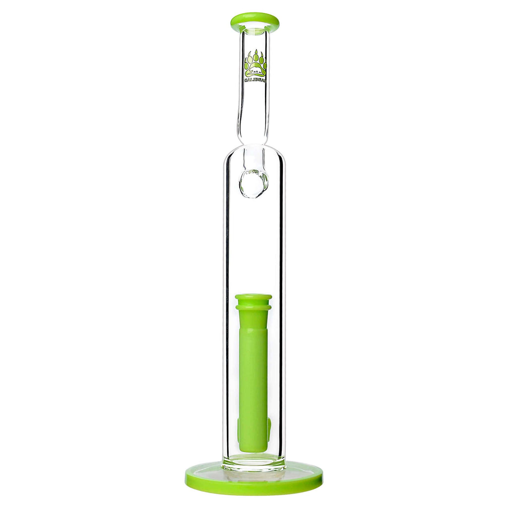Calibear 16 inch Natty Neck glass water pipe with Flower of Life (FOL) percolator, smoke-grey translucent glass accents, and ergonomic bent neck.