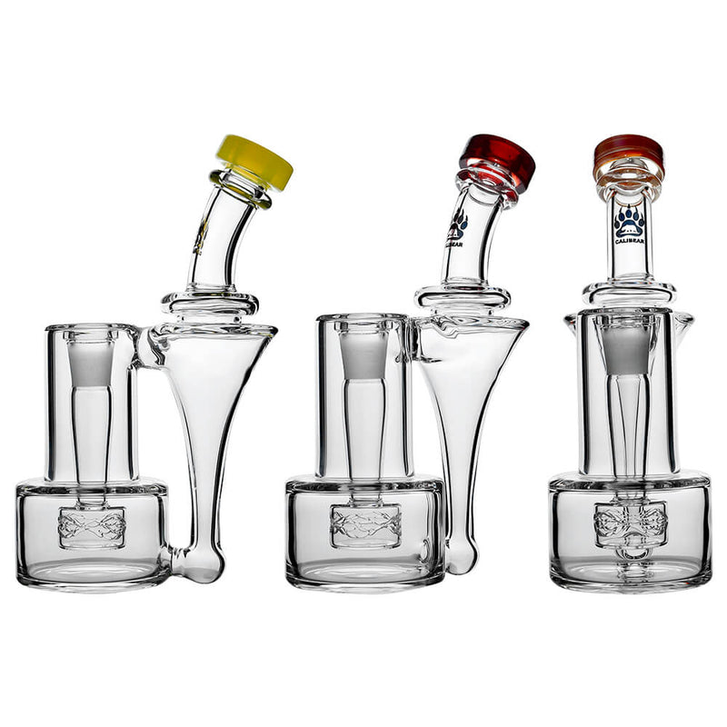 Calibear Premium RBR Recycler with Wave Perc and US color glass mouthpiece, clear borosilicate body, and wave perc filtration