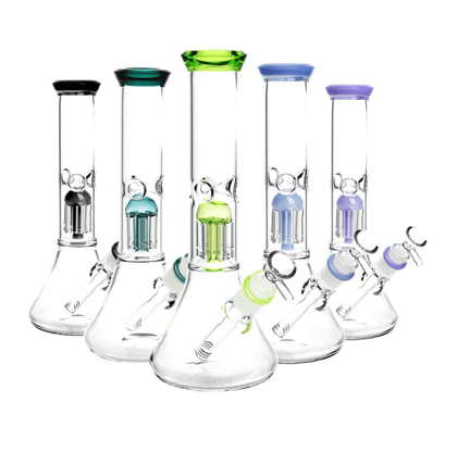 BORO Tall Chamber Glass Beaker Water Pipe with integrated showerhead percolator and wide stable base.