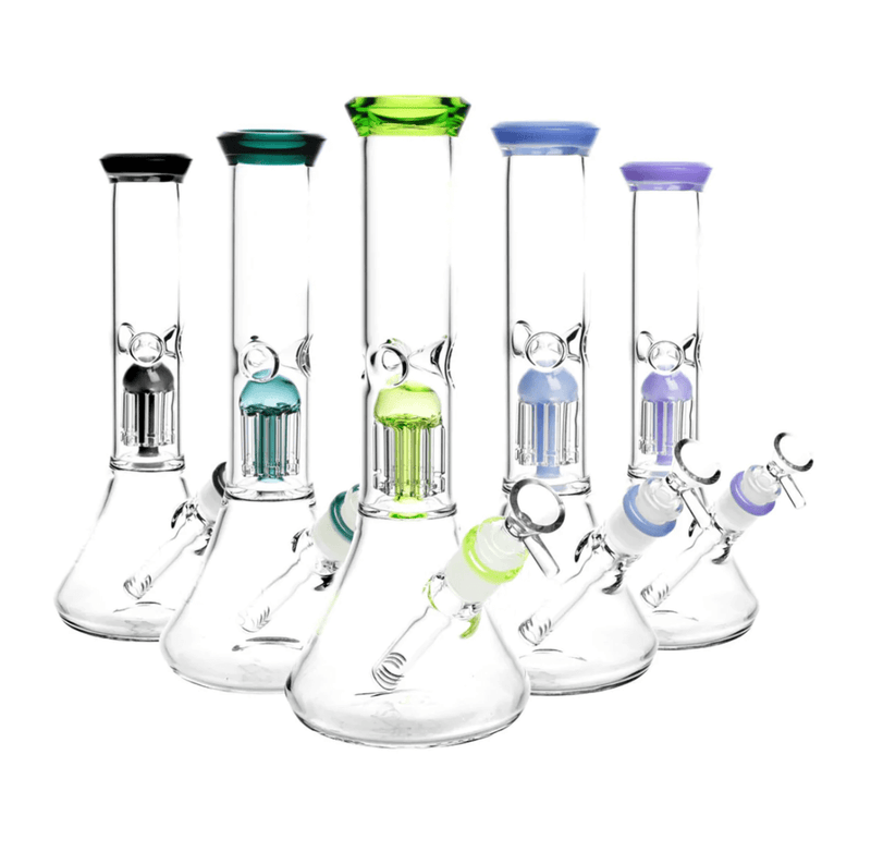 BORO Tall Chamber Glass Beaker Water Pipe with integrated showerhead percolator and wide stable base.