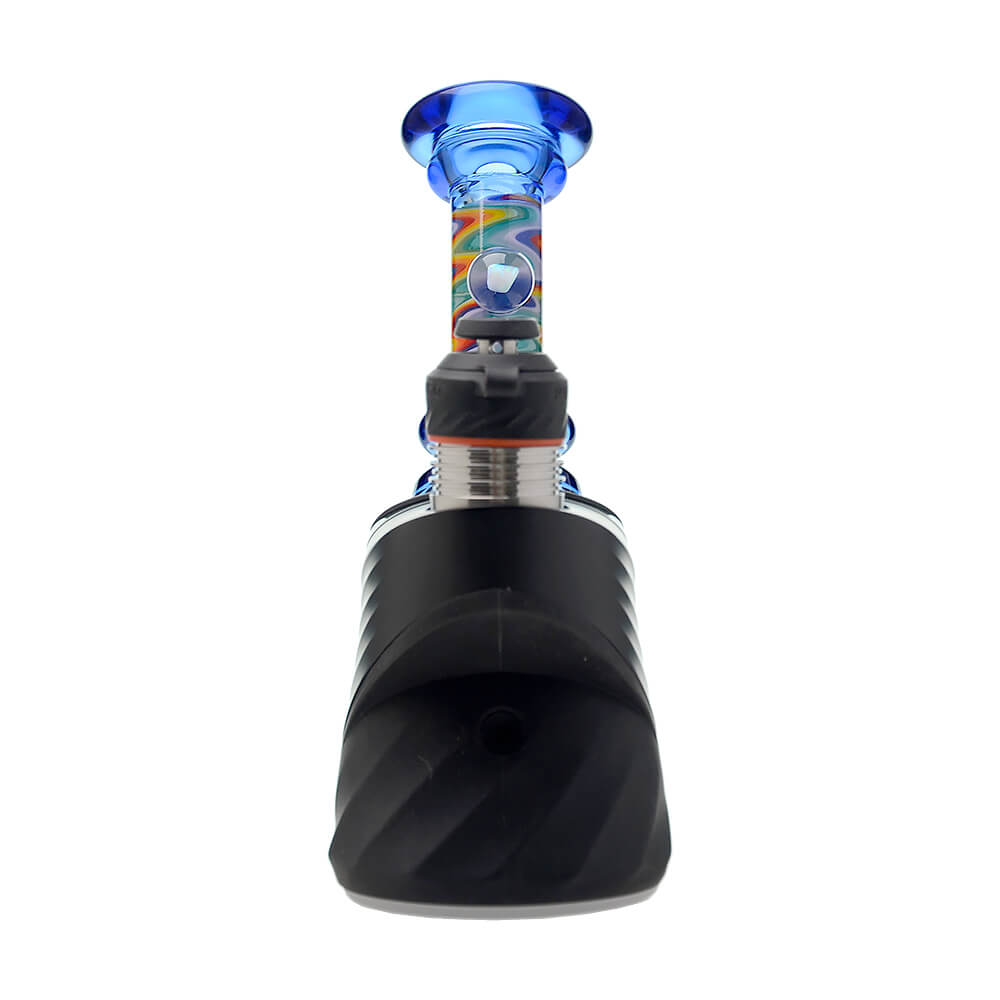 A collection of CaliBear glass attachments for Puffco Peak OG and Pro featuring vibrant wigwag swirl patterns in multiple colors and encased opal accents.