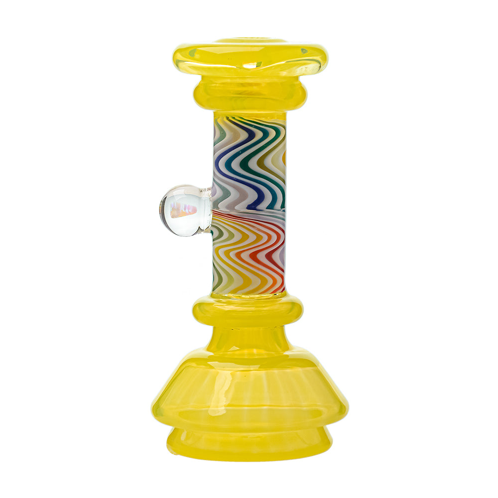 A collection of CaliBear glass attachments for Puffco Peak OG and Pro featuring vibrant wigwag swirl patterns in multiple colors and encased opal accents.