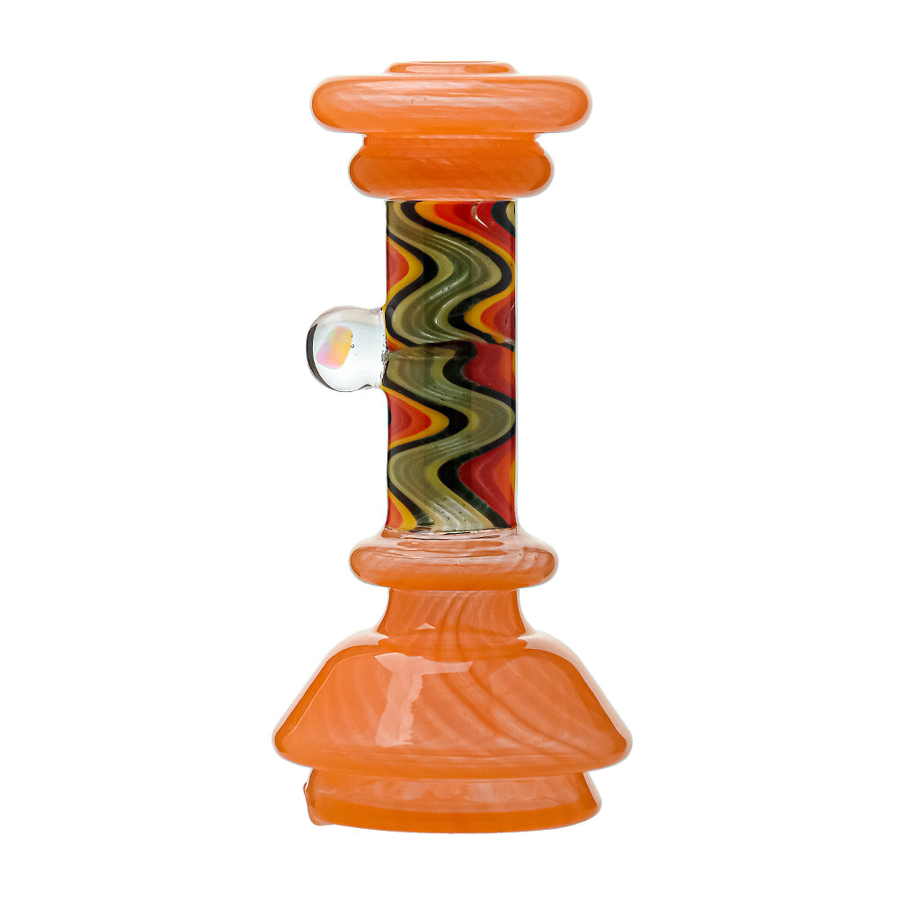 A collection of CaliBear glass attachments for Puffco Peak OG and Pro featuring vibrant wigwag swirl patterns in multiple colors and encased opal accents.