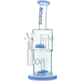 BORO Double Hex dab rigs in five colorways, featuring a dual-chamber clear borosilicate body with colored accents on the base, percolators, and mouthpieces.