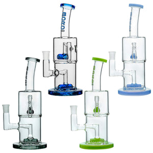 BORO Double Hex dab rigs in five colorways, featuring a dual-chamber clear borosilicate body with colored accents on the base, percolators, and mouthpieces.