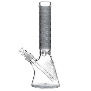 Calibear Deep Sandblasted Glass Beaker Bong | 8" & 14" Artistic Water Pipe Handcrafted Borosilicate Glass Detail close-up of joint connection and mouthpiece