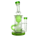 Calibear Sandblasted Klein Recycler Dab Rig with Seed of Life Perc – 8” Glass Rig Handcrafted Borosilicate Glass Installed profile view showing exact device fitment