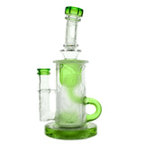 Calibear Sandblasted Klein Recycler Dab Rig with Seed of Life Perc – 8” Glass Rig Handcrafted Borosilicate Glass Detail close-up of joint connection and mouthpiece