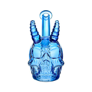 Handcrafted glass skull and horn dab rigs in yellow, red, blue, and pink translucent colors with a 14mm joint on a white background.