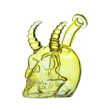 Handcrafted glass skull and horn dab rigs in yellow, red, blue, and pink translucent colors with a 14mm joint on a white background.