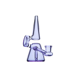 A clear glass dab rig with a narrow bowl top and a recycler feature, standing upright against a white background.